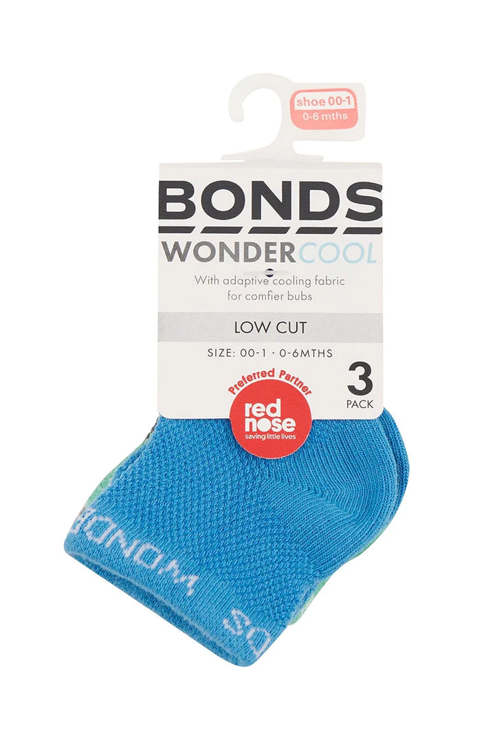 Bonds Baby Wondercool Low Cut Sock 3 Pack - Blue/Green/Charcoal