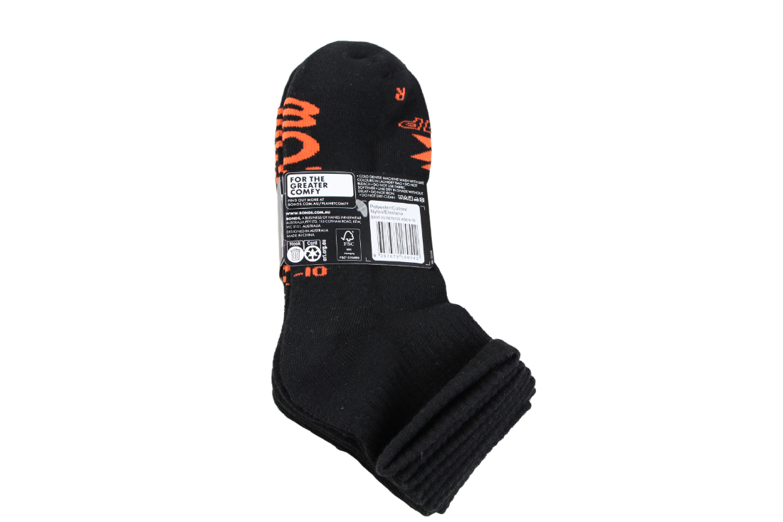 Bonds Kids X-Temp Quarter Crew Socks 3 Pack - Black/Orange