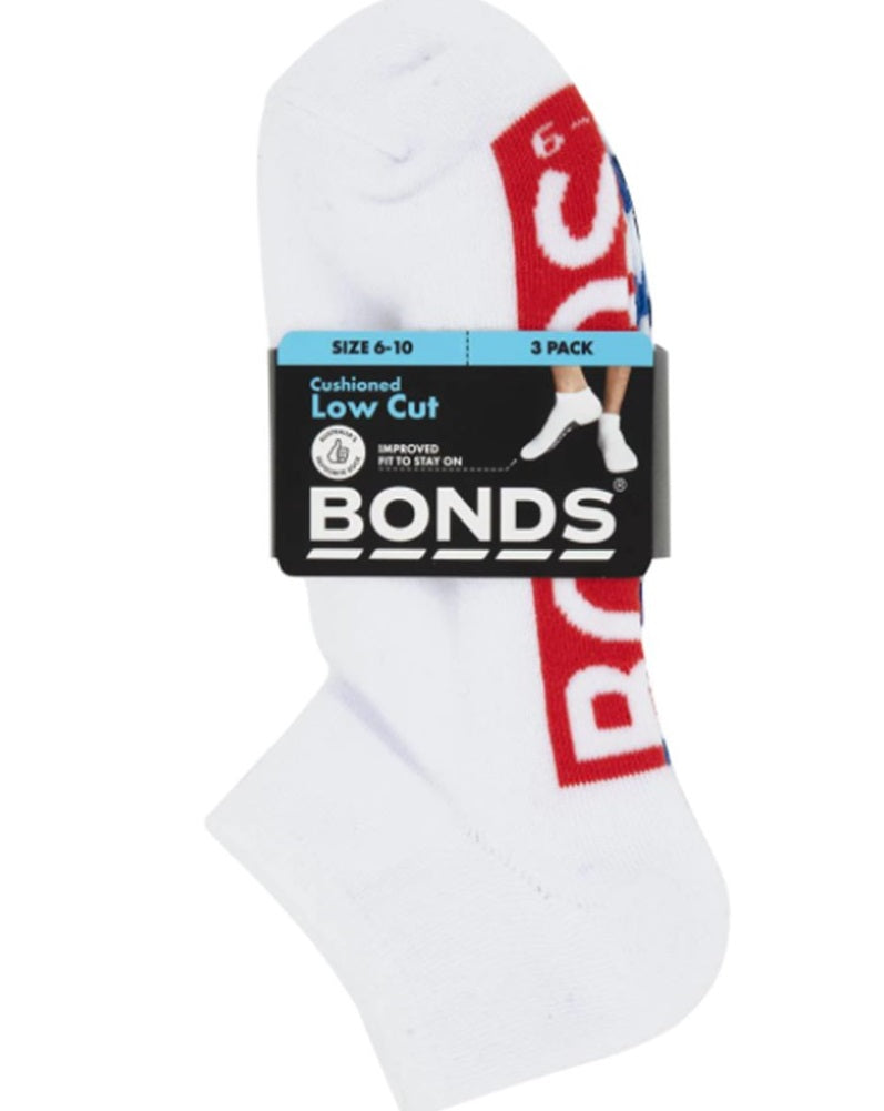 Bonds Men's Cushioned Logo Low Cut Socks 3 Pack - White/Red/Blue/Navy