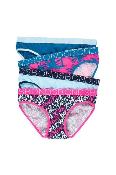 Bonds Girls 4 Pack Bikini Briefs - Bonds Print/Aqua/Palms/Teal