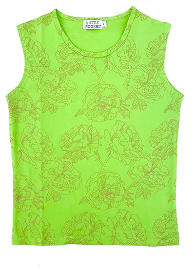 A Little Pocket Sweets Singlet - Green With Gold Shimmer Floral Print - Outlet Shop For Kids