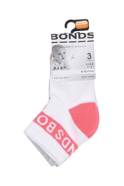 Bonds Baby Active Quarter Crew Socks 3 Pack - White/Pink/Grey-Outlet Shop For Kids