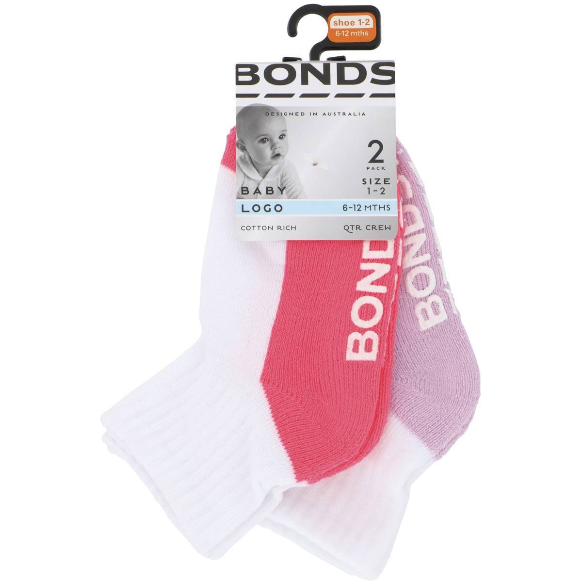 Bonds Baby Logo Quarter Crew Socks 2 Pack - Pink/Lilac-Outlet Shop For Kids