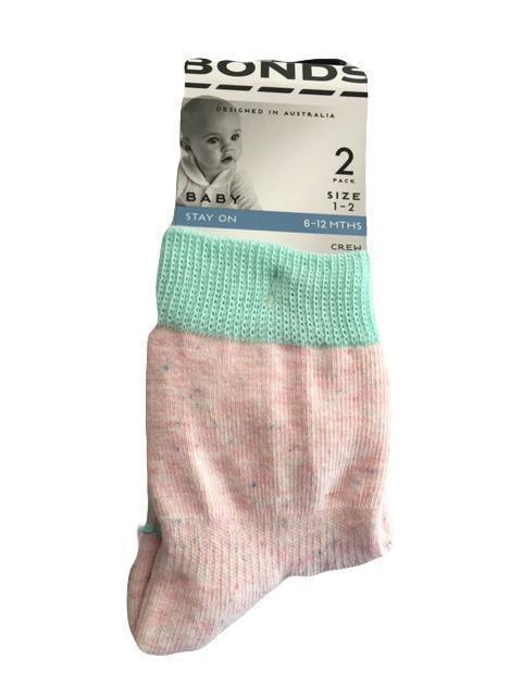 Bonds Baby Stay On Crew Socks 2 Pk - Pink/Mint-Outlet Shop For Kids