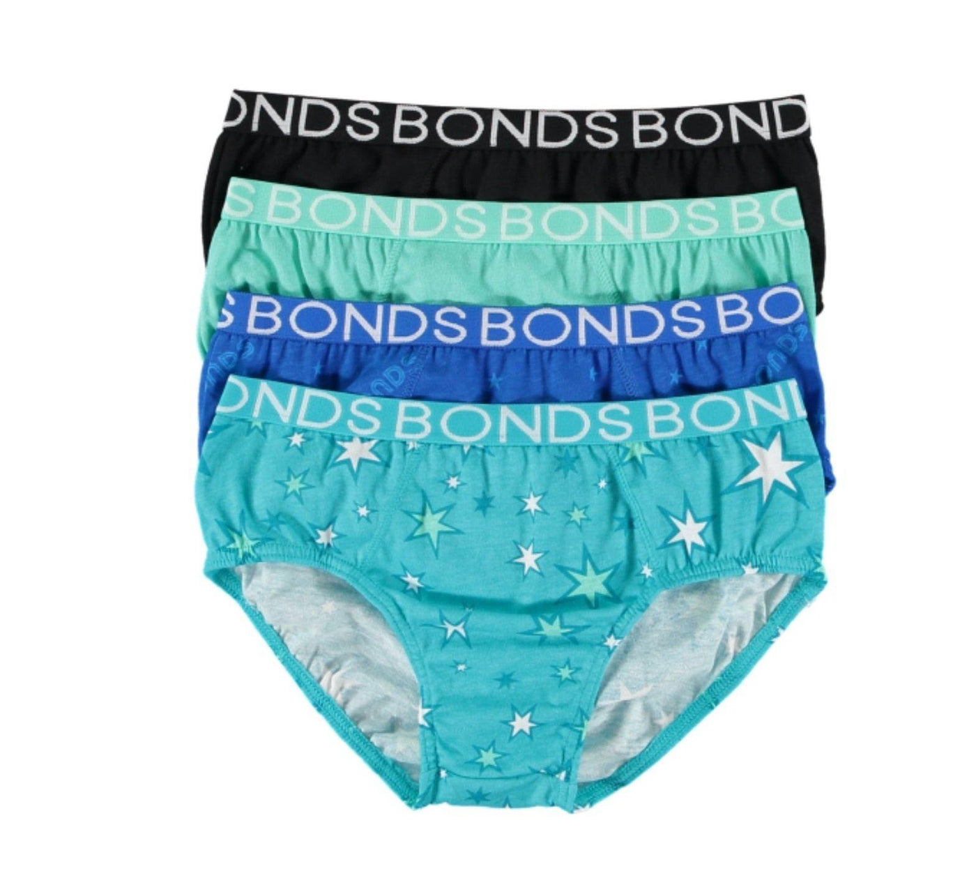 Bonds Boy 4 Pack Brief - Aqua Star Print/Pale Green/Blue/Black-Outlet Shop For Kids