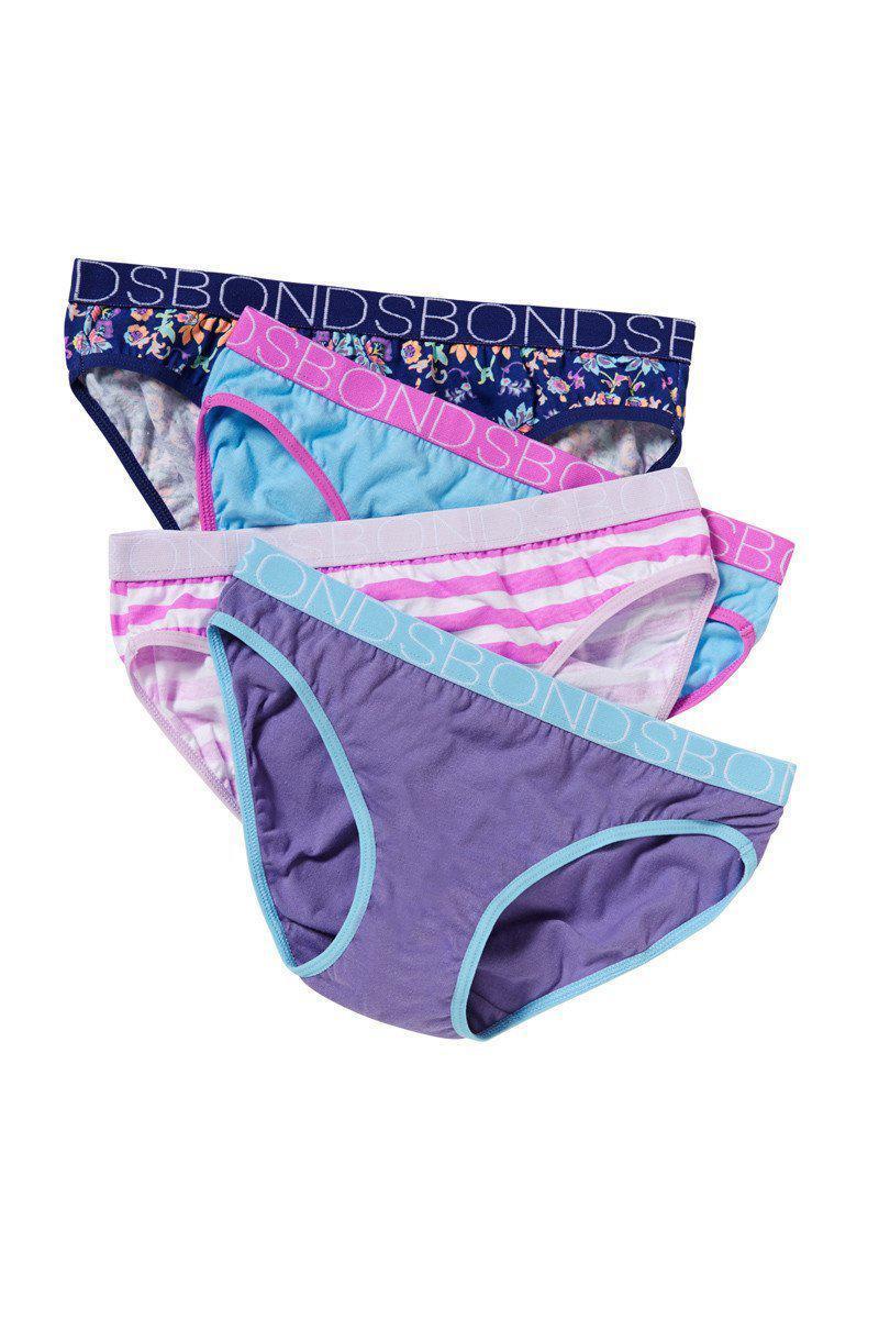 Bonds Girls Bikini 4 Pack - Blue With Flowers/Pale Blue/Purple Stripe/Purple-Outlet Shop For Kids