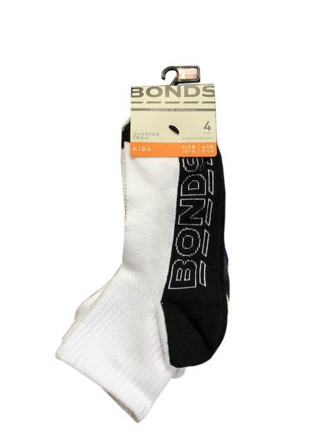 Bonds Boys Logo Light Quarter Crew Socks 4 Pack - White/Black/Grey/Charcoal/Navy
