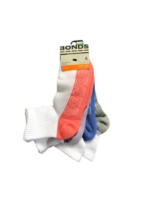 Bonds Girls Logo Light Quarter Crew Socks 4 Pack - White/Peach/Lilac/Blue/Grey