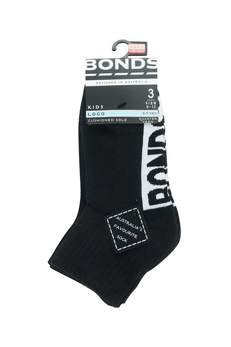Bonds Kids Stamp Logo Quarter Crew Socks 3 Pack - Black-Outlet Shop For Kids