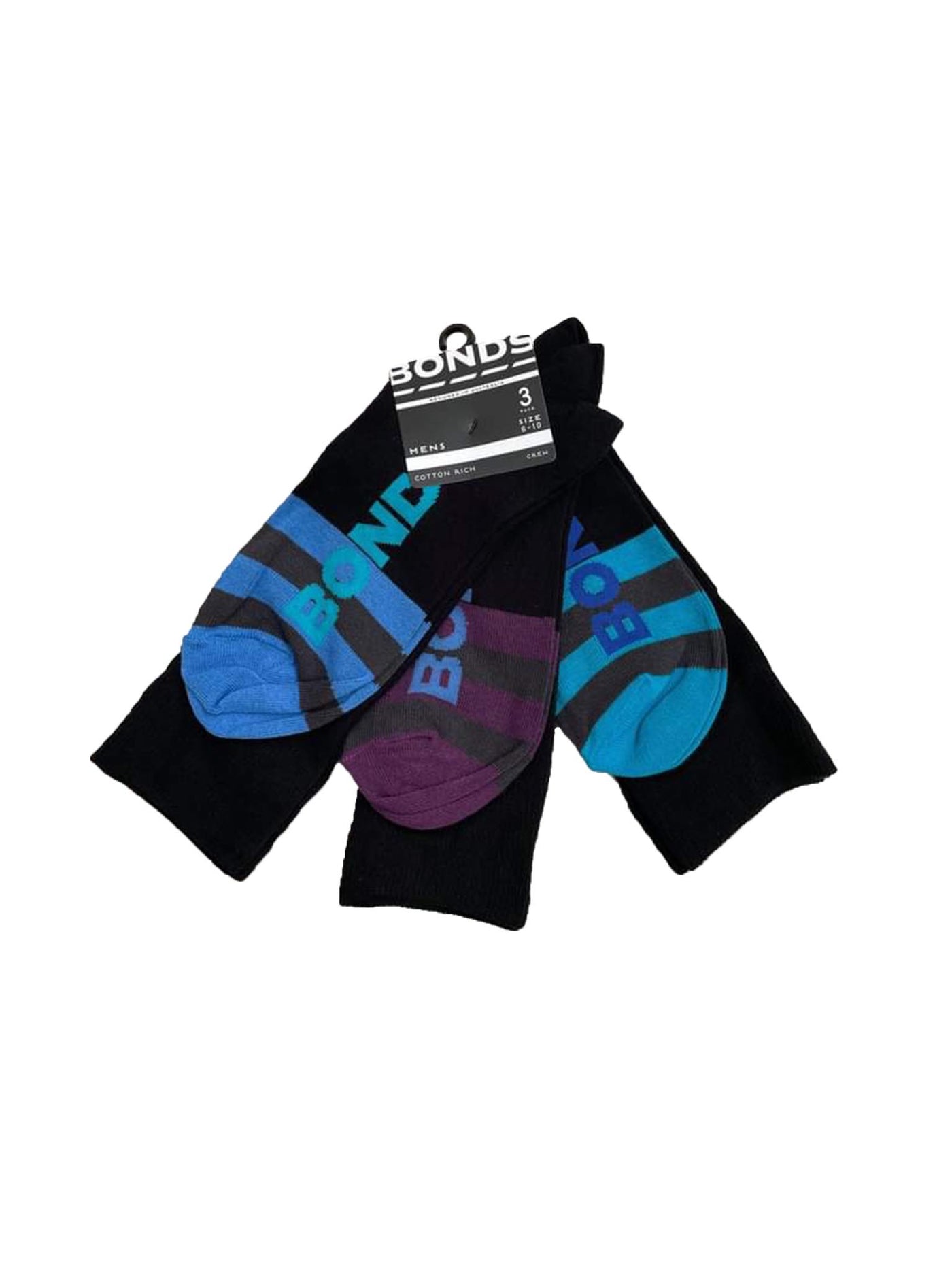 Bonds Mens Business Crew Socks 3 Pack Black With Blue/Purple/Aqua Stripe-Outlet Shop For Kids