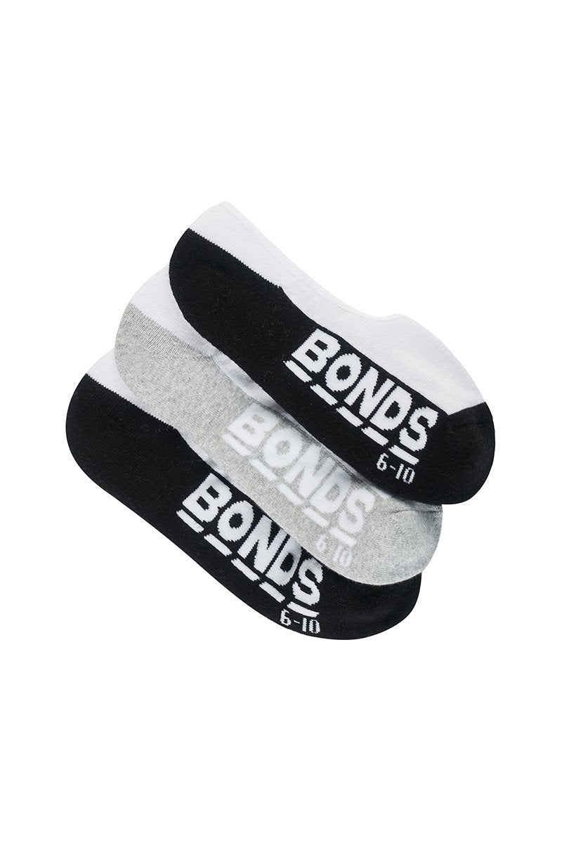 Bonds Mens Logo Sneaker Socks 3 Pack - Black/Grey/White-Outlet Shop For Kids