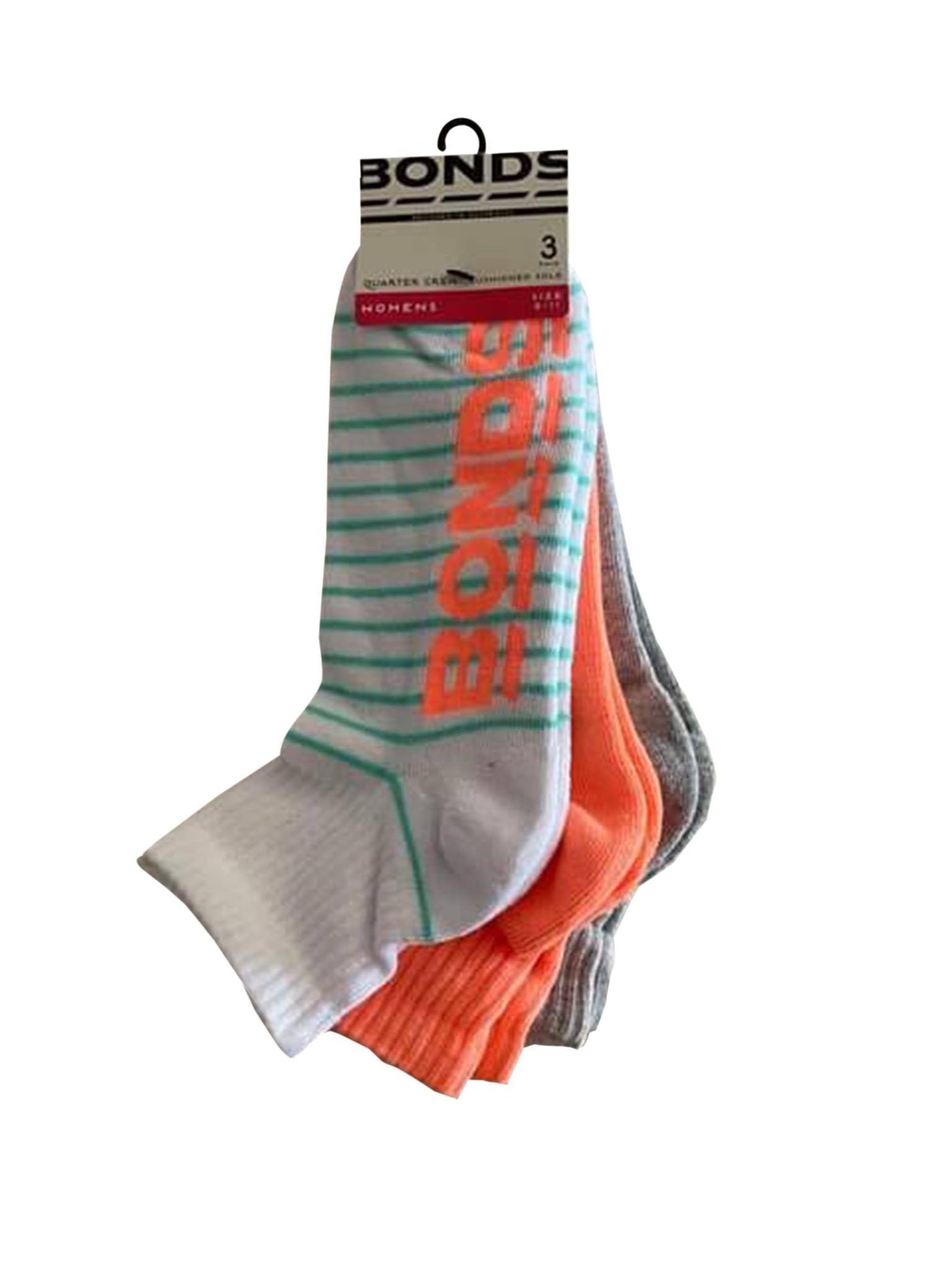 Bonds Womens Logo Quarter Crew 3 Pack Socks - Green Stripe/Peach/Grey-Outlet Shop For Kids