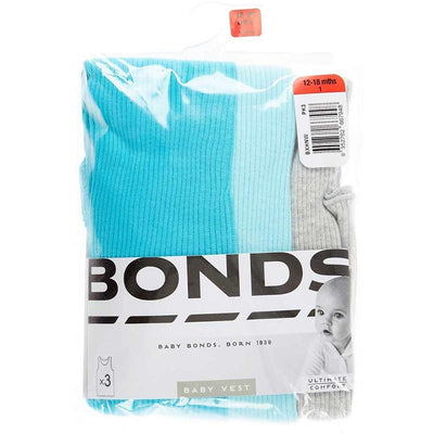Bonds Baby Singlet Set 3 Pack - Turquoise/Grey/Pale Blue