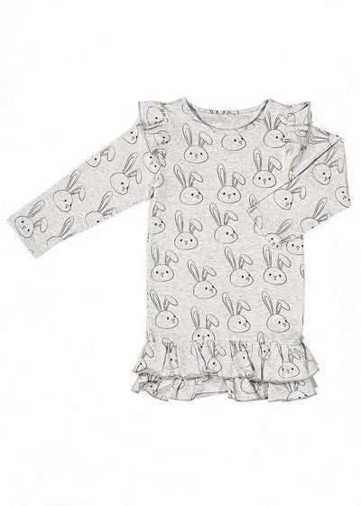 Minifin Bunny Print Frill Dress - Grey Marle-Outlet Shop For Kids