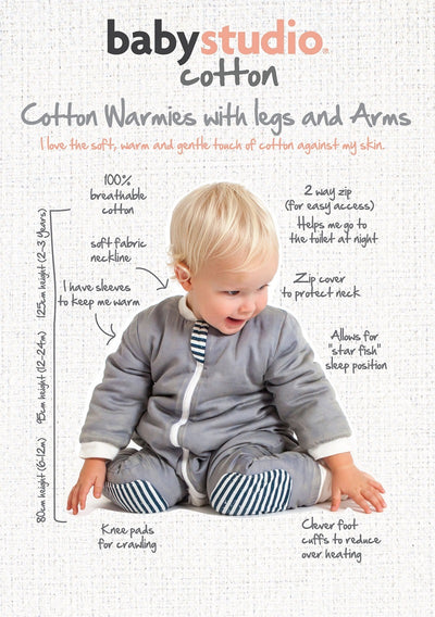 Baby Studio Cotton Warmies With Arms And Legs 3.0 TOG - Charcoal/Hugs Equals Love