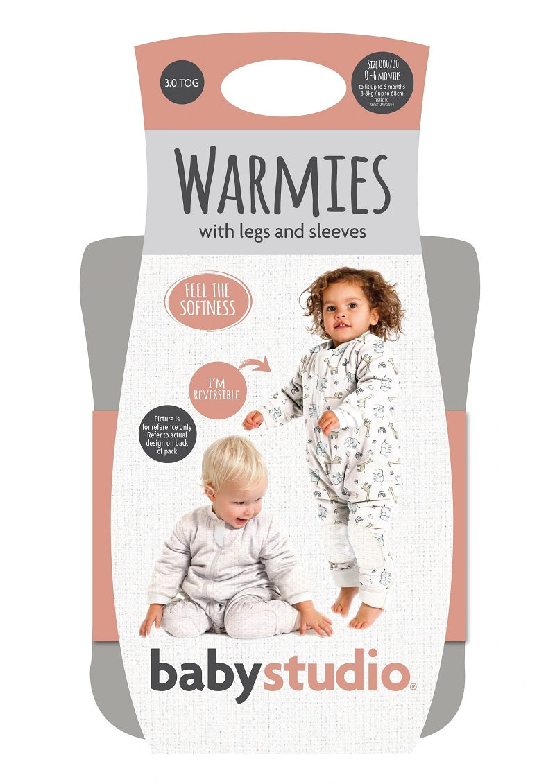Baby Studio Cotton Warmies With Arms And Legs 3.0 TOG - Grey Marle/Grey Lines