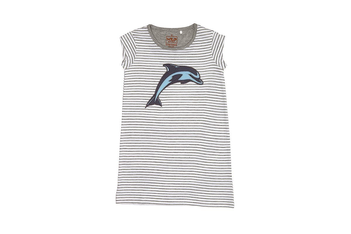 Wild Republic Girls Dolphin Applique Dress - Grey Stripe-Outlet Shop For Kids